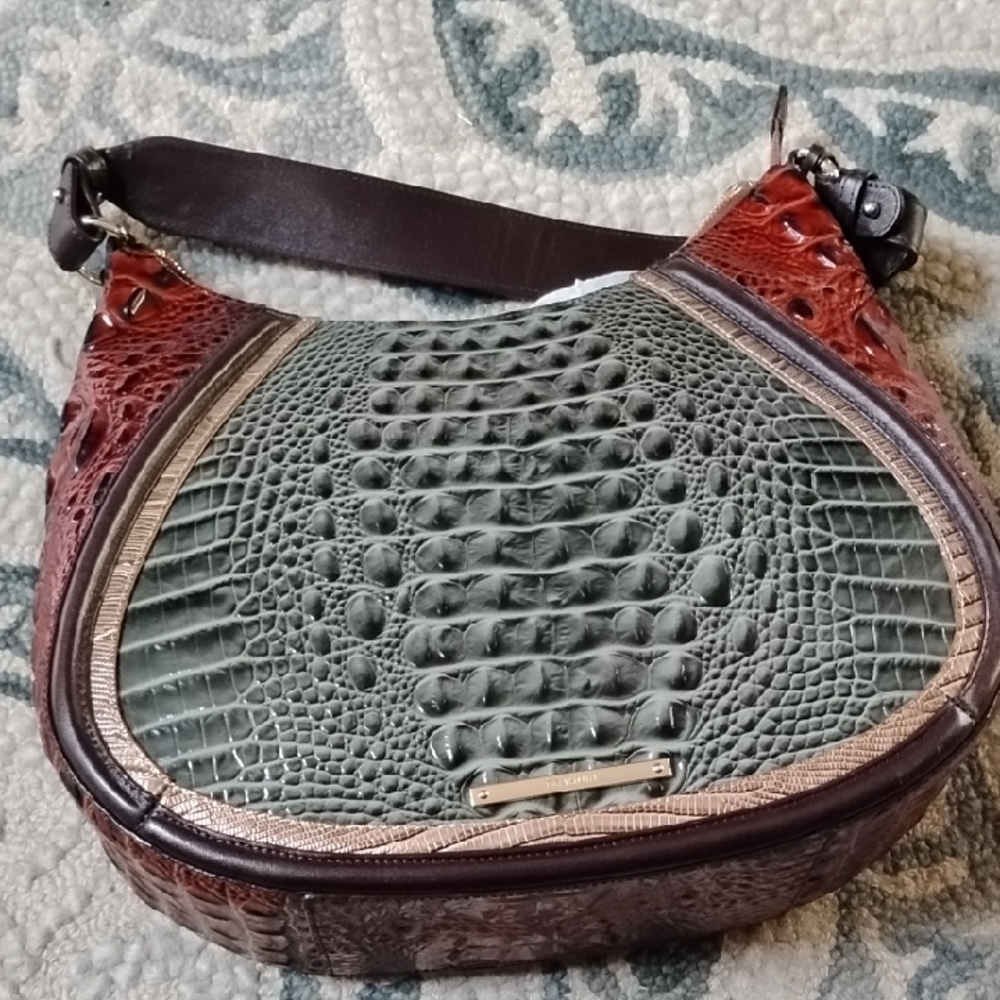 Brahmin Green and Brown Crocodile-Embossed Shoulder Bag